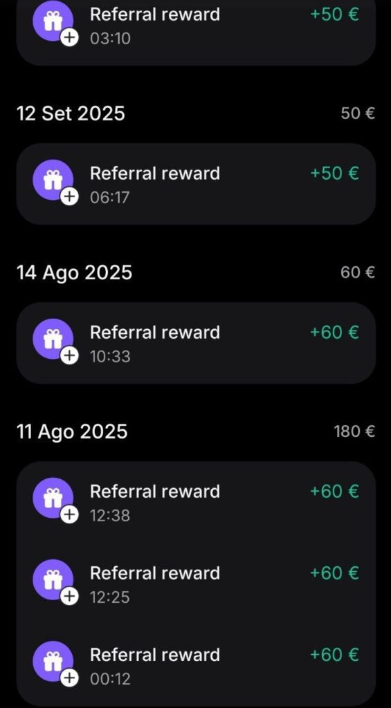 Prova di pagamento del bonus di revolut che mostra i bonus ricevuti.